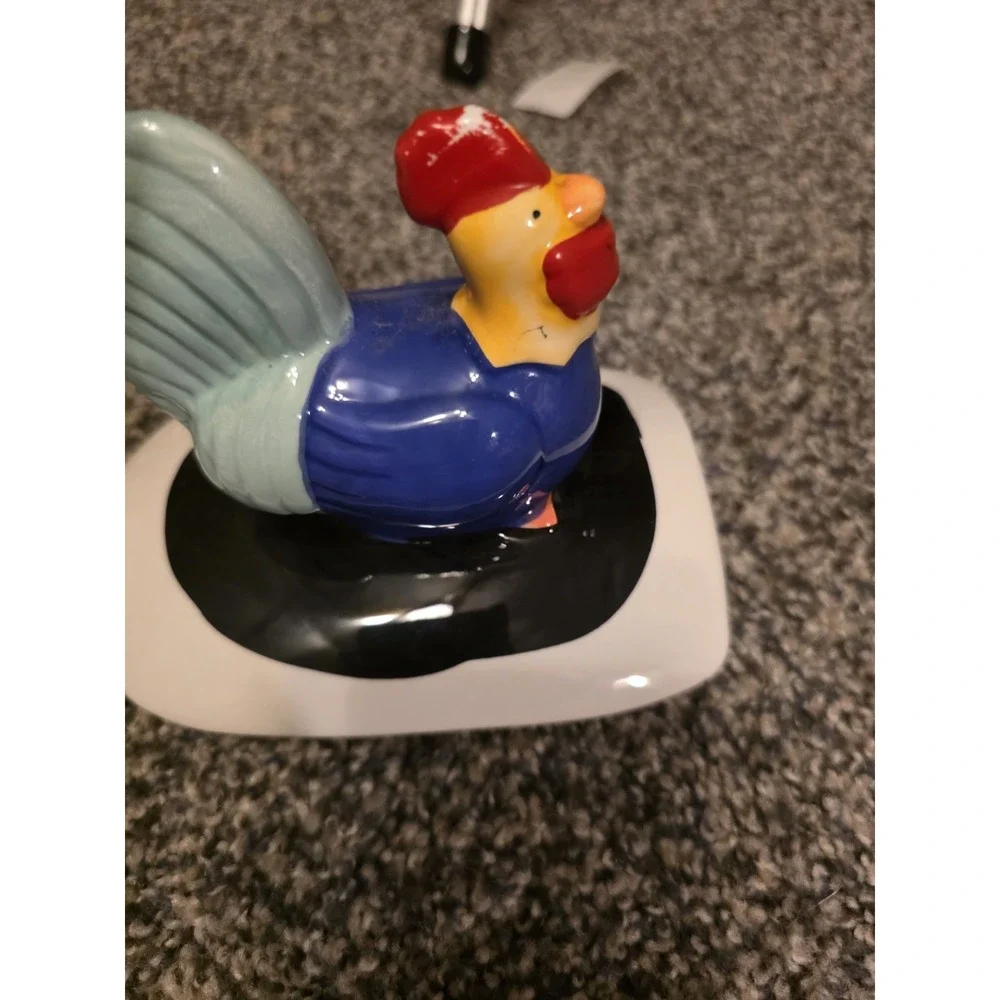 Cow Cookie Jar With Rooster Lid. Small Chip On Lid And Some Red Has Rubbed Off.